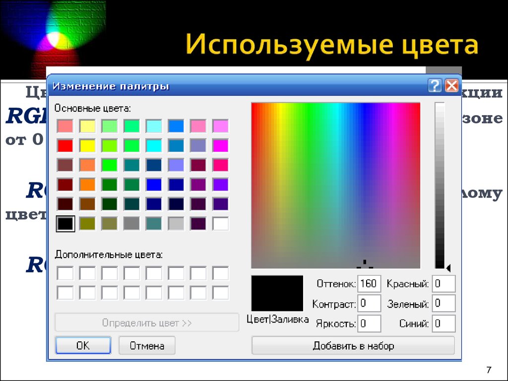 Определение цвета. Используемые цвета. Палитра цветов на компьютере. Изменение Палитры цветов. Цвет яркость контрастность.
