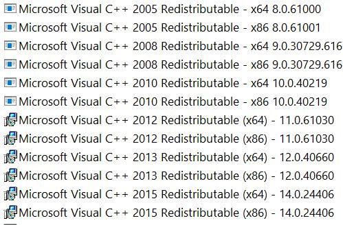 Redistributable package 2005 x64. Microsoft Visual c++ 2005. Microsoft Visual c++ Redistributable 2008. Microsoft Visual c++ 2010 x64 Redistributable. Visual c++ 15.
